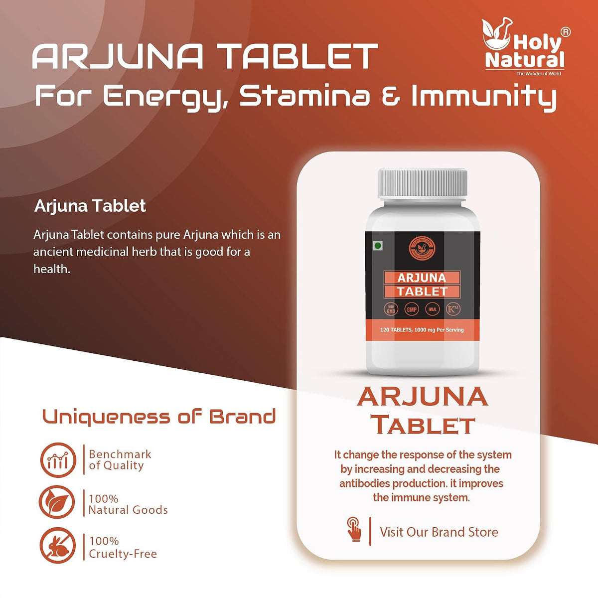 Holy Natural Arjuna Tablet – 120 tablet (500 mg/tab) | Ayurvedic Herbal Supplement | Supports Heart Health & Wellness