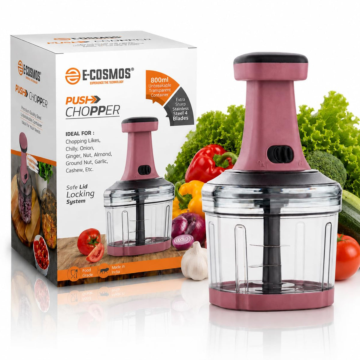 E-COSMOS® Food Chopper 800ml, 3 Blade Steel Large Manual Hand-Press Vegetable Chopper Mixer Cutter to Cut Onion, Salad, Tomato, Potato (Dusty Blush)
