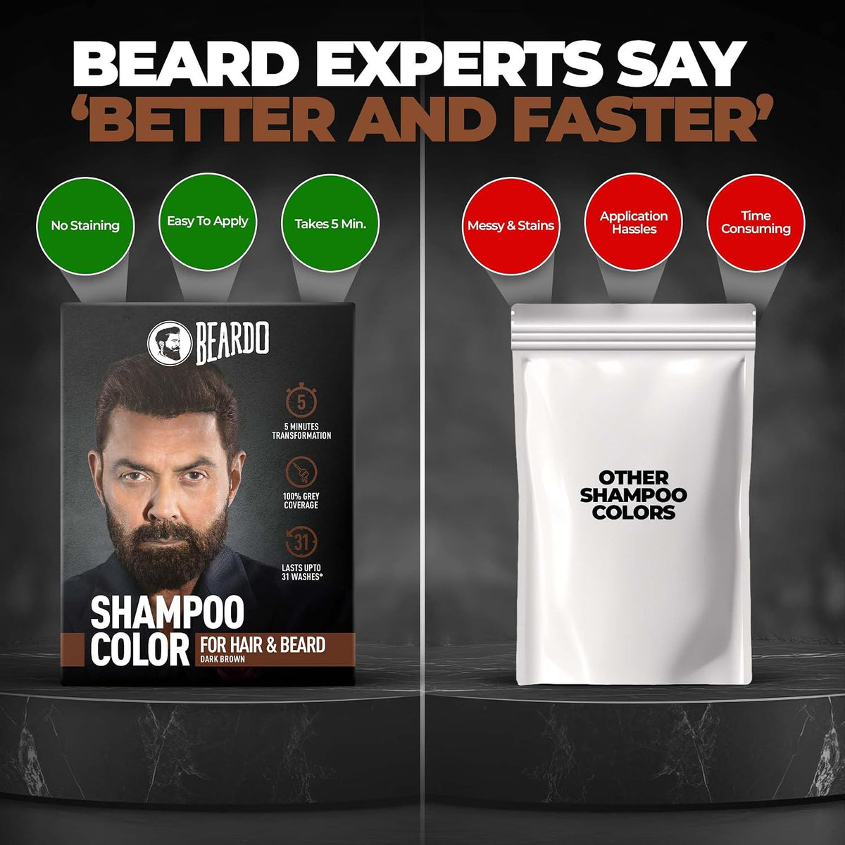BEARDO Beard & Hair Shampoo Color | Natural Brown | 100% Grey Coverage | 5 Minute Hair Colour | Ammonia Free | With Natural Actives | No Stain Beard Colour | 20ml X 5