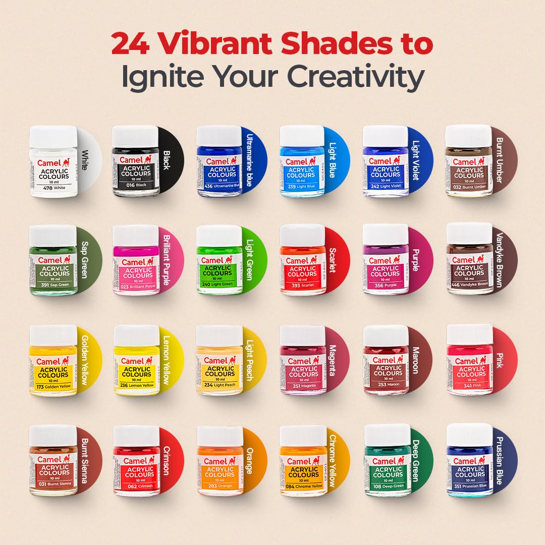 Camel Acrylic Ultra Colour – 24 Rich Shades (10ml each) | Multi-Surface DIY Paints | Vibrant & Permanent Colors | Suitable on Canvas, Wood, Fabric, Paper and Ceramics