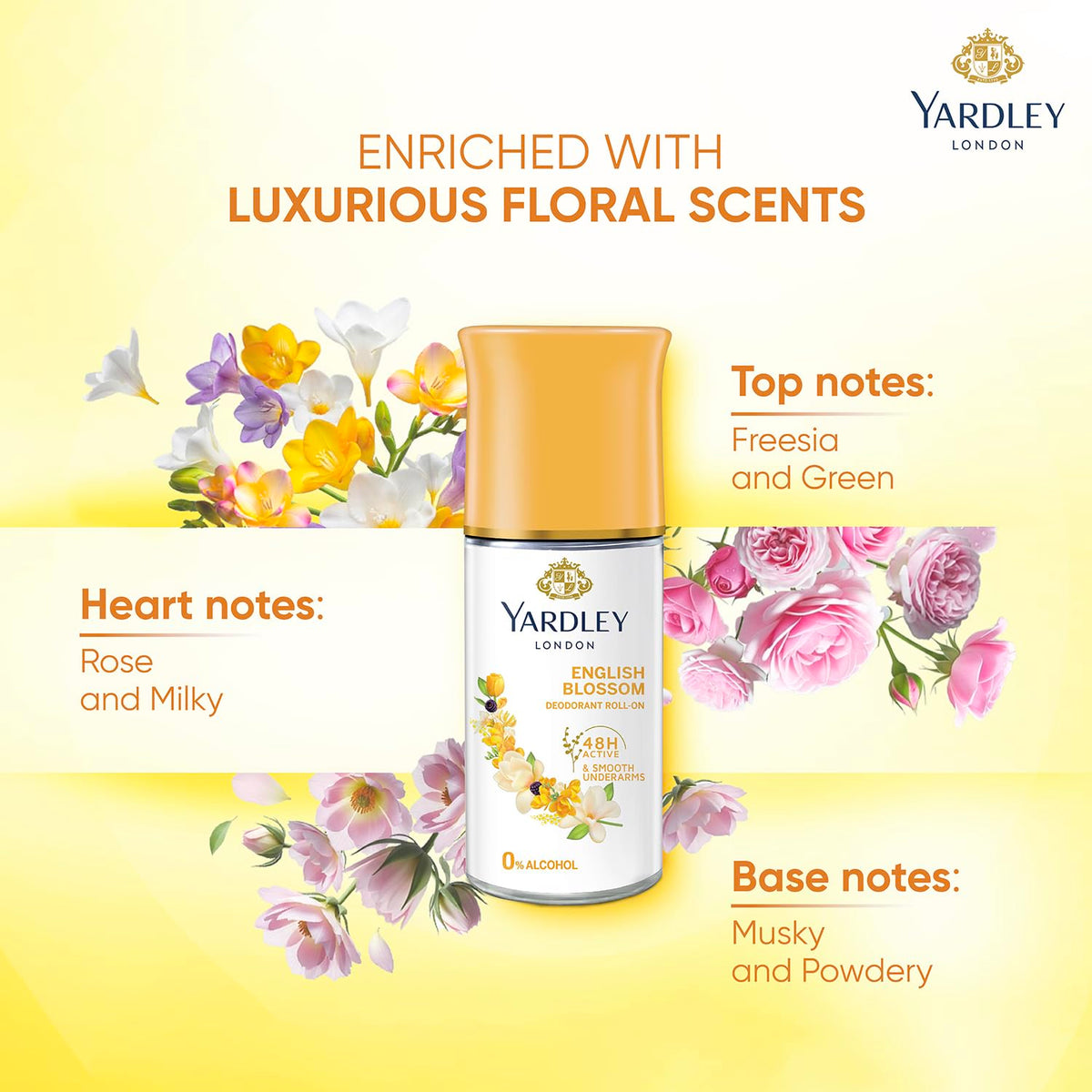 Yardley London English Blossom | Underarm Deodorant Roll On| With Licorirce Extract & Floral Extracts | Smooth & Eventoned Underarms | 72 H Long Lasting Floral Scent| 0% Alcohol & Dermat Approved | For Women | 50ml