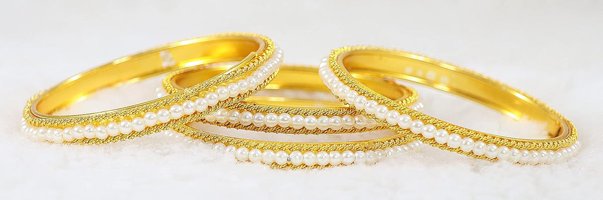 NMII Non-Precious Metal Base Metal with Curtting Pattern and Pearl Studded worked Glossy Finished Kada/Bangle Set For Women and Girls