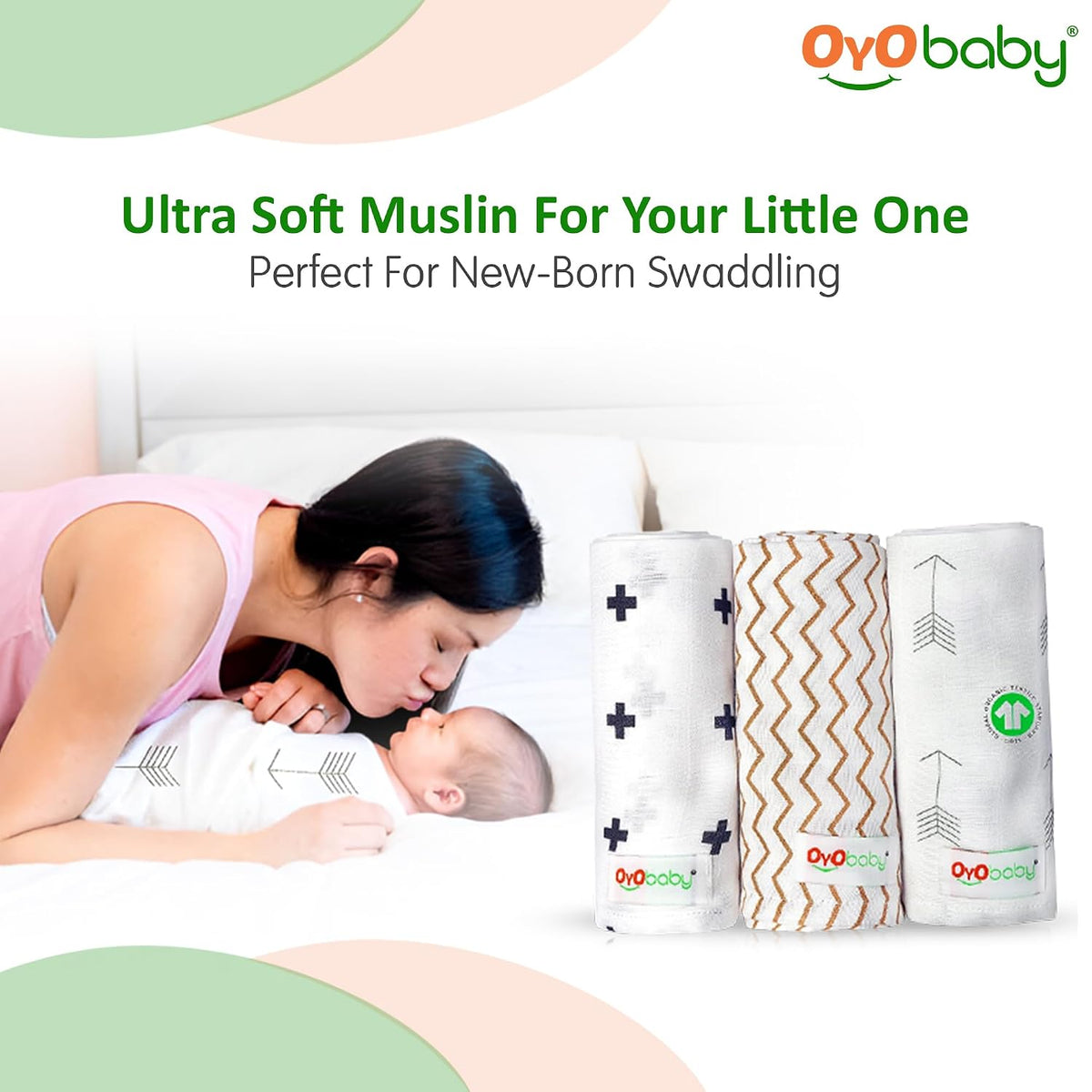 OYO BABY Premium Muslin Cotton Cloth, Baby Washcloths – Extra Soft, Absorbent & Reusable Face Towels for Newborns, Pack of 3 -White | Printed, 100x100cm | 0-18 Months