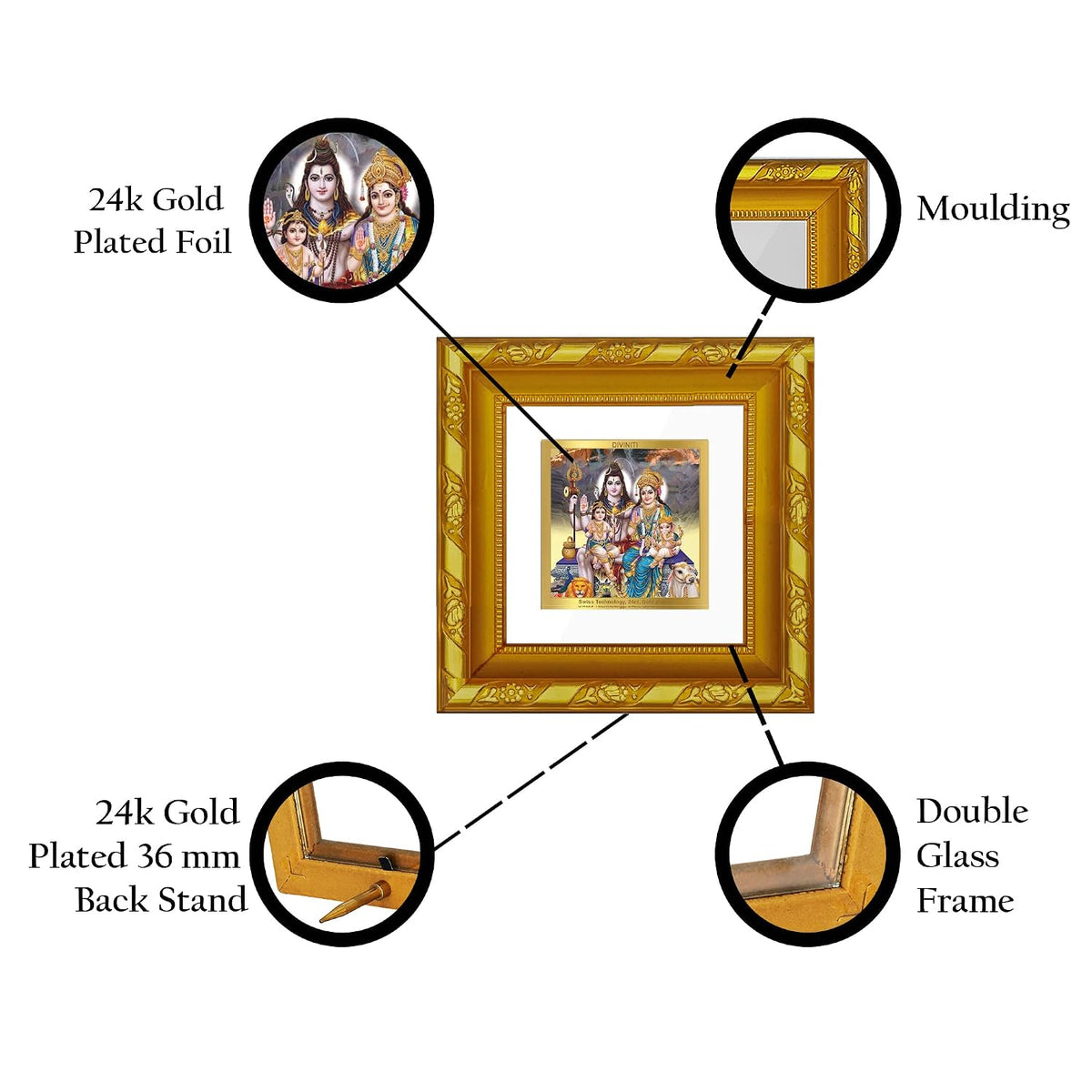 DIVINITI Shivji Parivar Gold Plated Wall Photo Frame, Table Décor| DG Frame 103 Size 1A and 24K Gold Plated Foil| Religious Photo Frame Idol For Pooja, Gifts Items (10.8 CM X 10.8 CM)