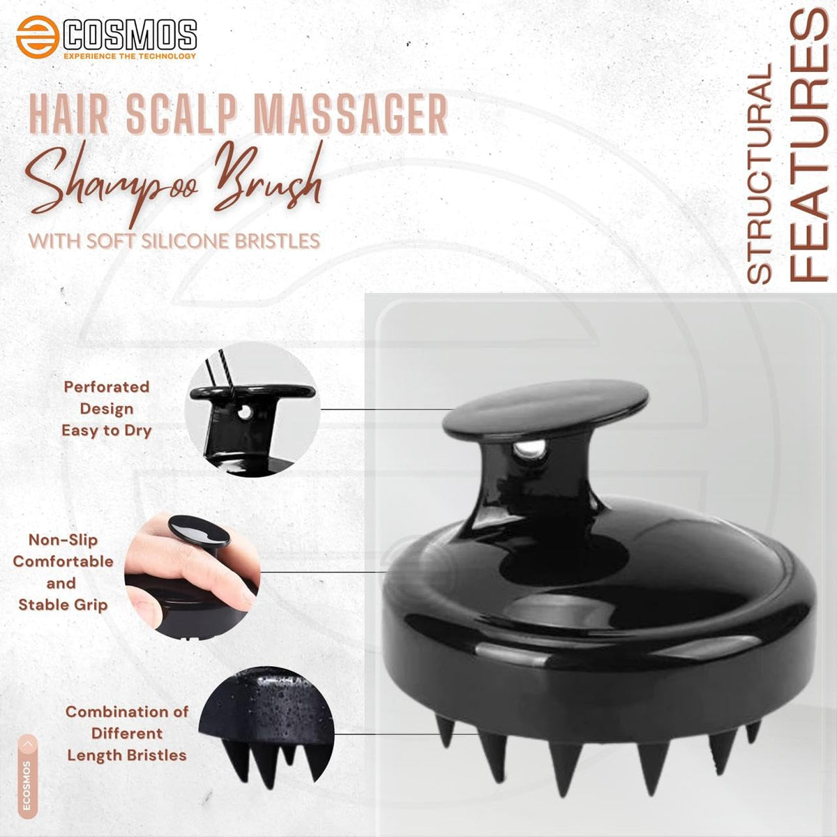 E-COSMOS® Hair Scalp Massager Shampoo Brush with Soft Silicone Bristles Kitchen for Anti Dandruff Removal Head Massager Prevents Hair loss for Men, Women (BLACK)