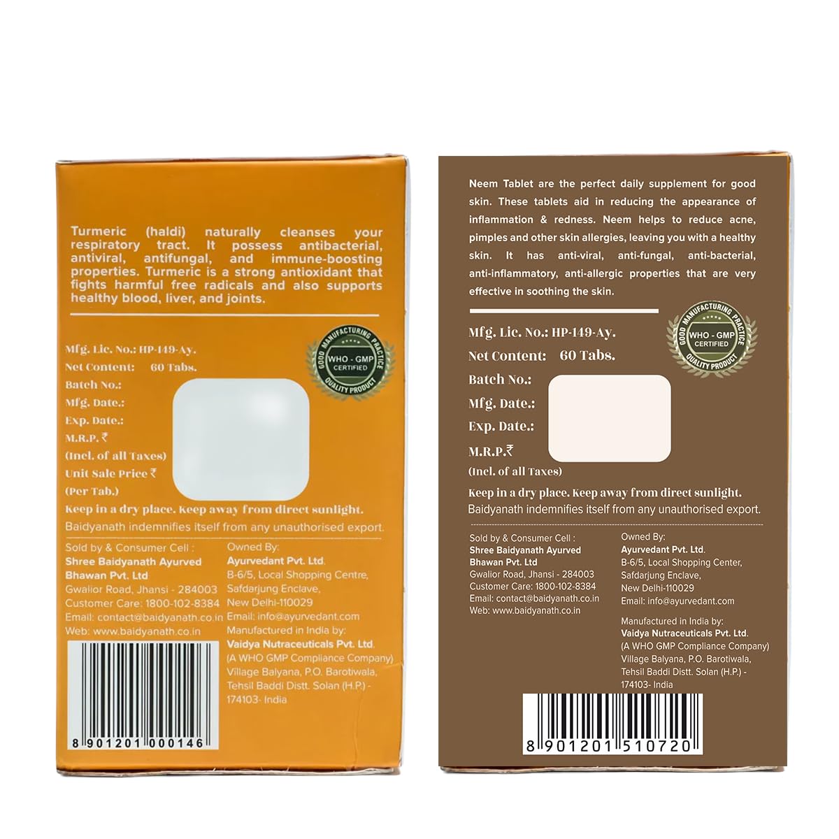 Ayurvedant Neem & Turmeric Tablets Combo Pack | 60 Tablets Each | Herbal Daily Detox & Immunity Support |From The House Of Baidyanath.