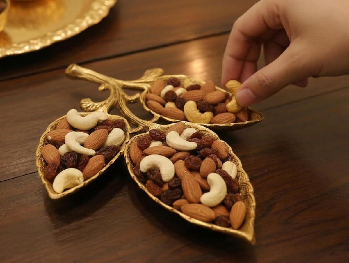 Kridaykraft Metal Gold Polish Leaf-Shaped 3-Section Dry Fruit Tray, 17x17 cm, 250 gm, Decorative Serving Platter