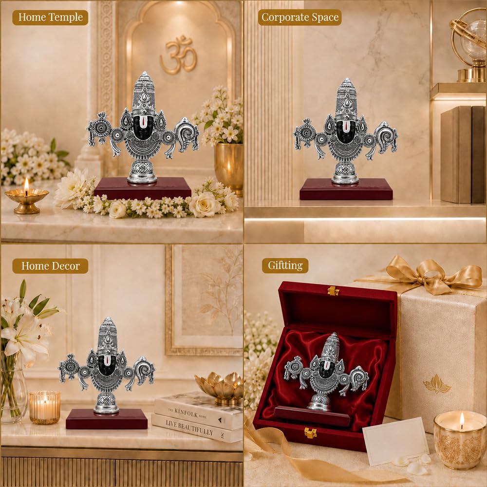 DIVINITI Antique Silver Plated Lord Tirupati Balaji Face Idol with Premium Gift Box|Venkateswara Swamy Decorative Showpiece for Home Temple, Pooja Room & Spiritual Decor|Religious Gift | 13 x 14 cm