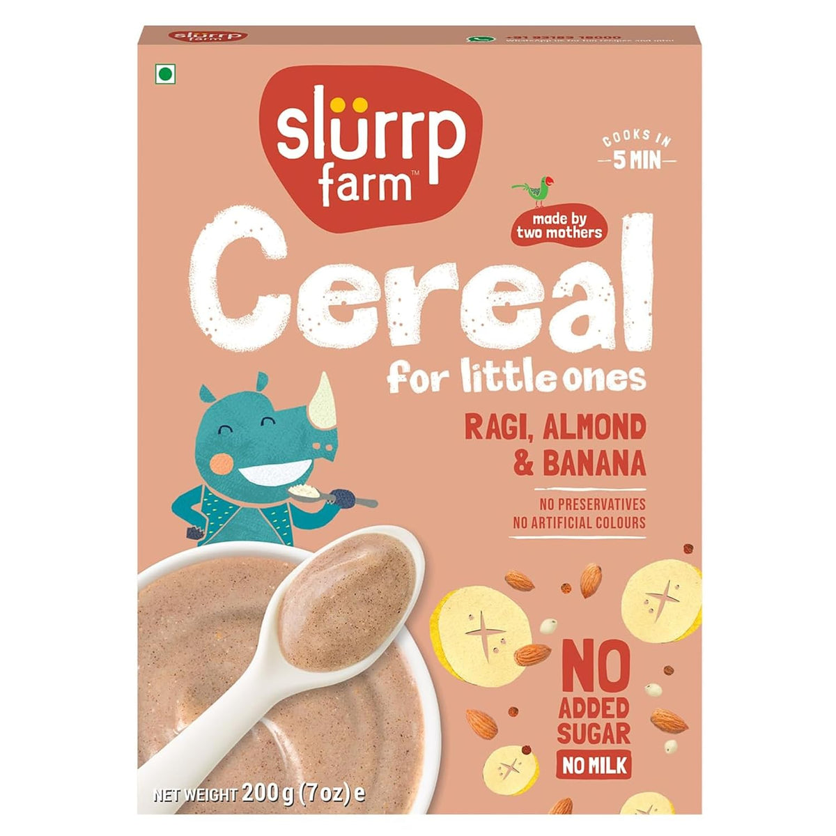 Slurrp Farm No Added Sugar, No Salt Ragi, Almond and Banana Cereal | 100% Sprouted Ragi | Healthy Cereal | No Milk | No Preservatives, 200g