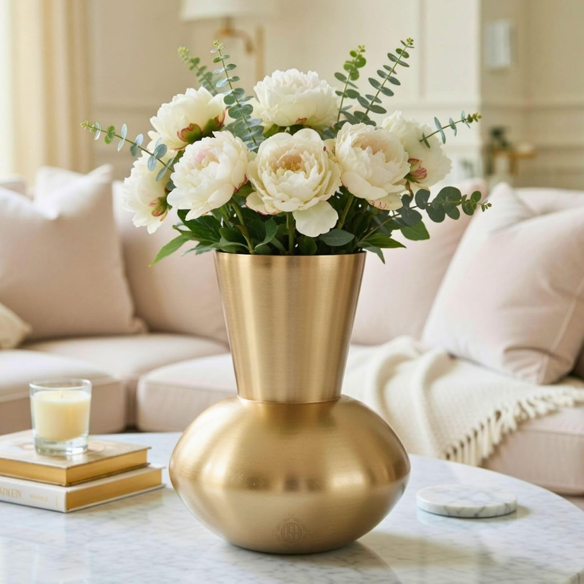 DSH Luxury Gold Designer Flower Vase Contemporary Metal Vase (8X10 in) Elegant Home Décor Accent for Living Room, Dining Table & Office.