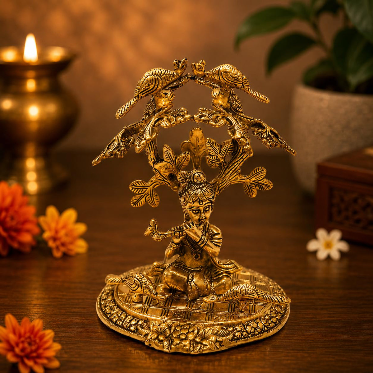 KridayKraft Shri Krishna Sitting Under Tree Laddu Gopal with Playing Flute Metal Statue Showpiece Figurines,Religious Idol Gift Article.