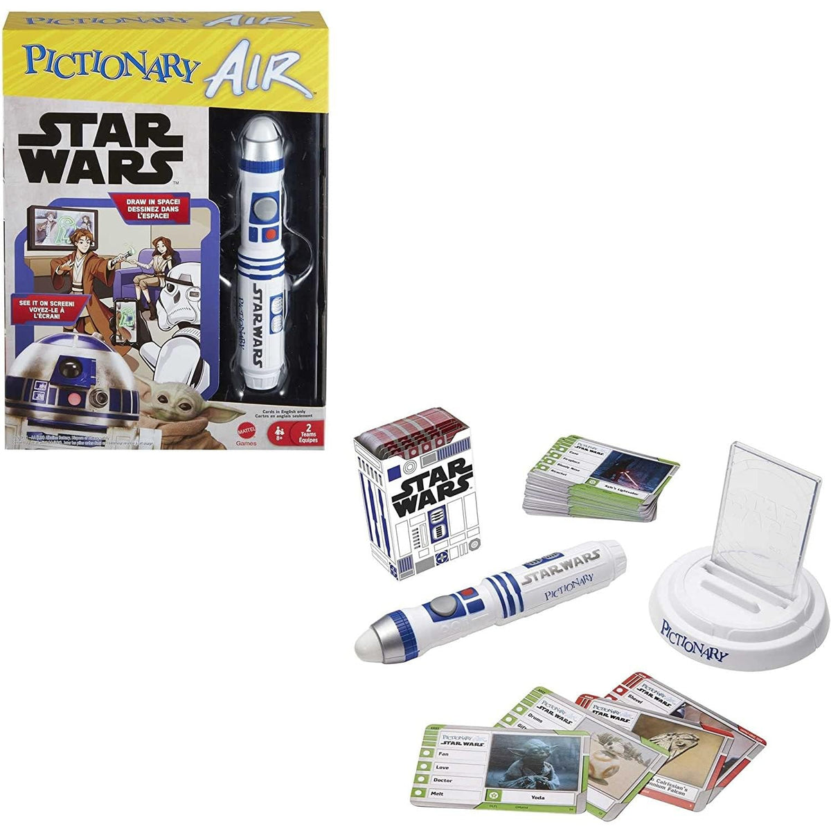 Mattel Games Pictionary Air Star Wars Family Drawing Game for Kids and Adults with R2-D2 Lightpen and Two Levels of Clues, HHM48
