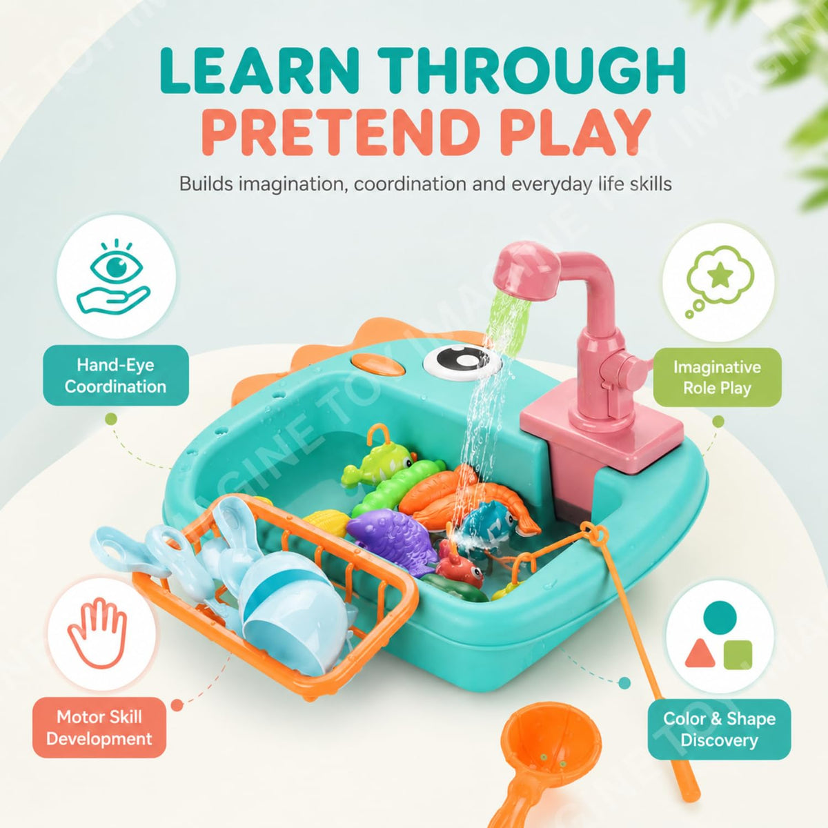 Toy Imagine 2-in-1 Electric Dinosaur Kitchen Sink Play Set for Kids, Recycling Running Water Faucet with Fishing Game, Pretend Dishwashing Toy with Utensils & Accessories for Boys & Girls Ages 3+