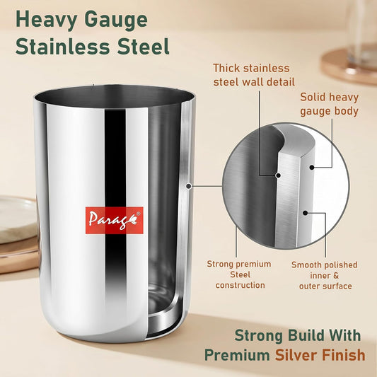 Parage 6 Pieces Stainless Steel Heavy Gauge Glass Set/Scratch Resistant, Serving Glass/ 300ml Glass for Water & Juice (Silver, Dia 6.5 cm, Hight 10 cm)