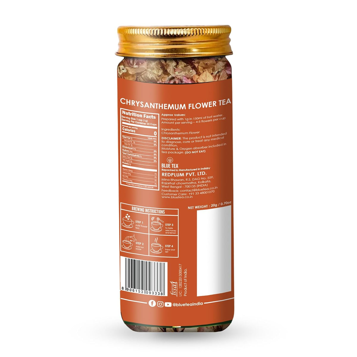 BLUE TEA - Chrysanthemum Flower Tea - 20gm - 20 Cups | SUPER ANTIOXIDANT | Cooling And Refreshing | Flower Based - Herbal Tea - Caffeine Free | Pet Jar Packaging