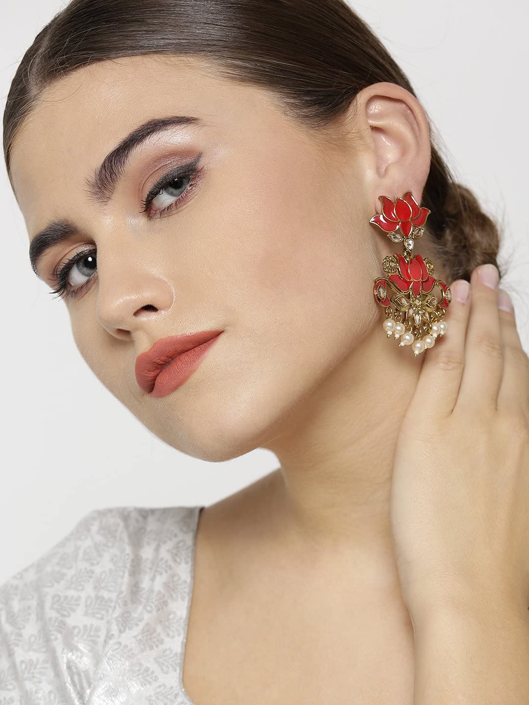 Priyaasi Gold-Plated Stones Studded, Lotus Patterned Meenakari Drop Earring in Red Color with Pearls Drop, One Size (EAR-PR-50170-RED)