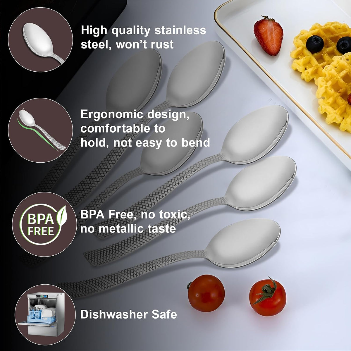 Parage Stainless Steel Dinner Spoons Set of 12, 16 cm, Silver, Mirror Finish