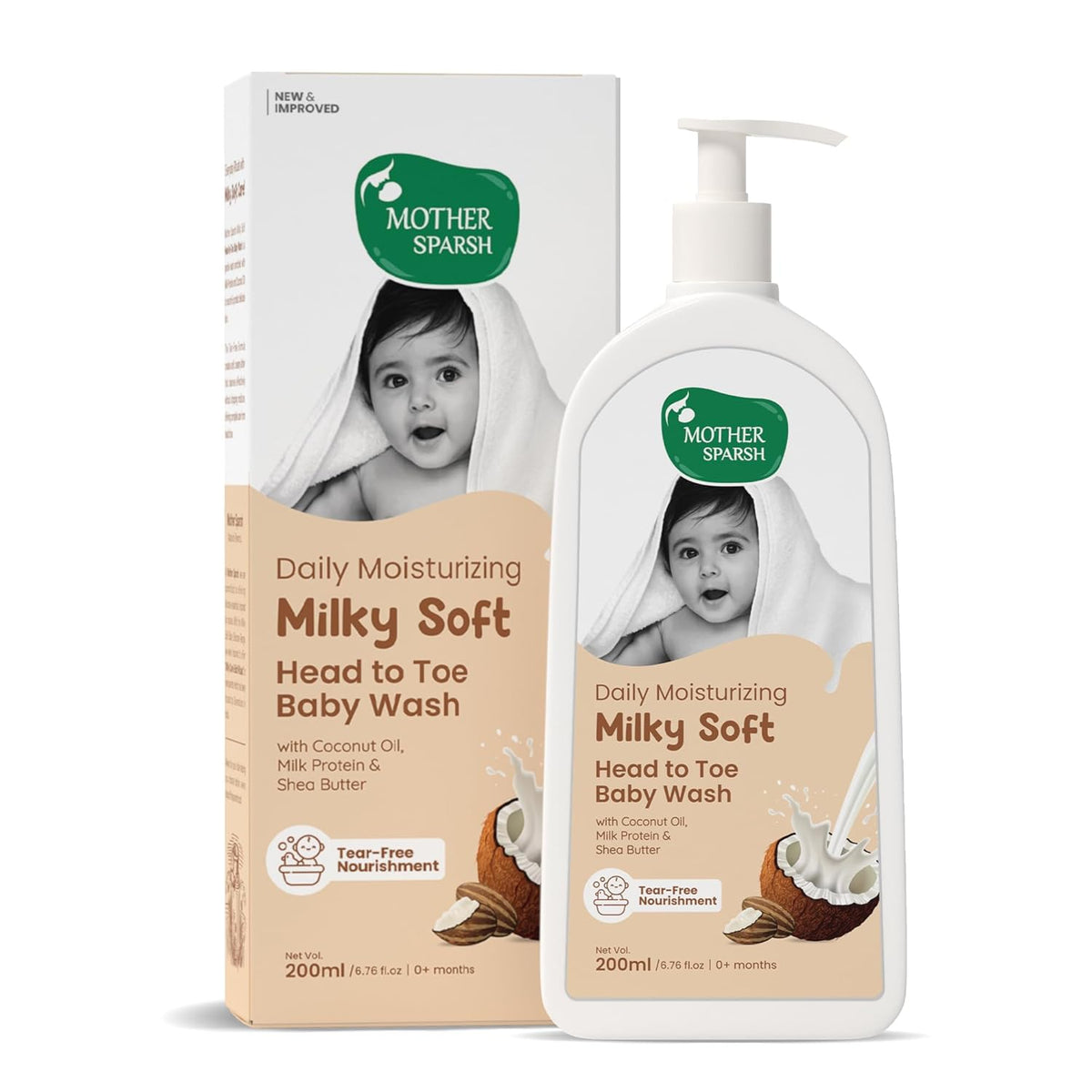 Mother Sparsh Milky Soft Head to Toe Baby Wash -200ml with Milk Protein & Shea Butter | Tear Free 2 in 1 Natural Body Wash & Shampoo for Babies