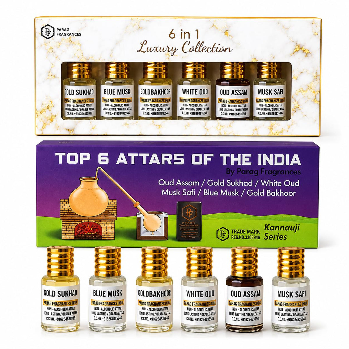 Parag fragrances Top Attars Collection Of India/Alcohol Free Attar Gift Pack (Top 6 Attars Of India, Oudh,White Oud,Musk Safi, Unisex Adult, Liquid)