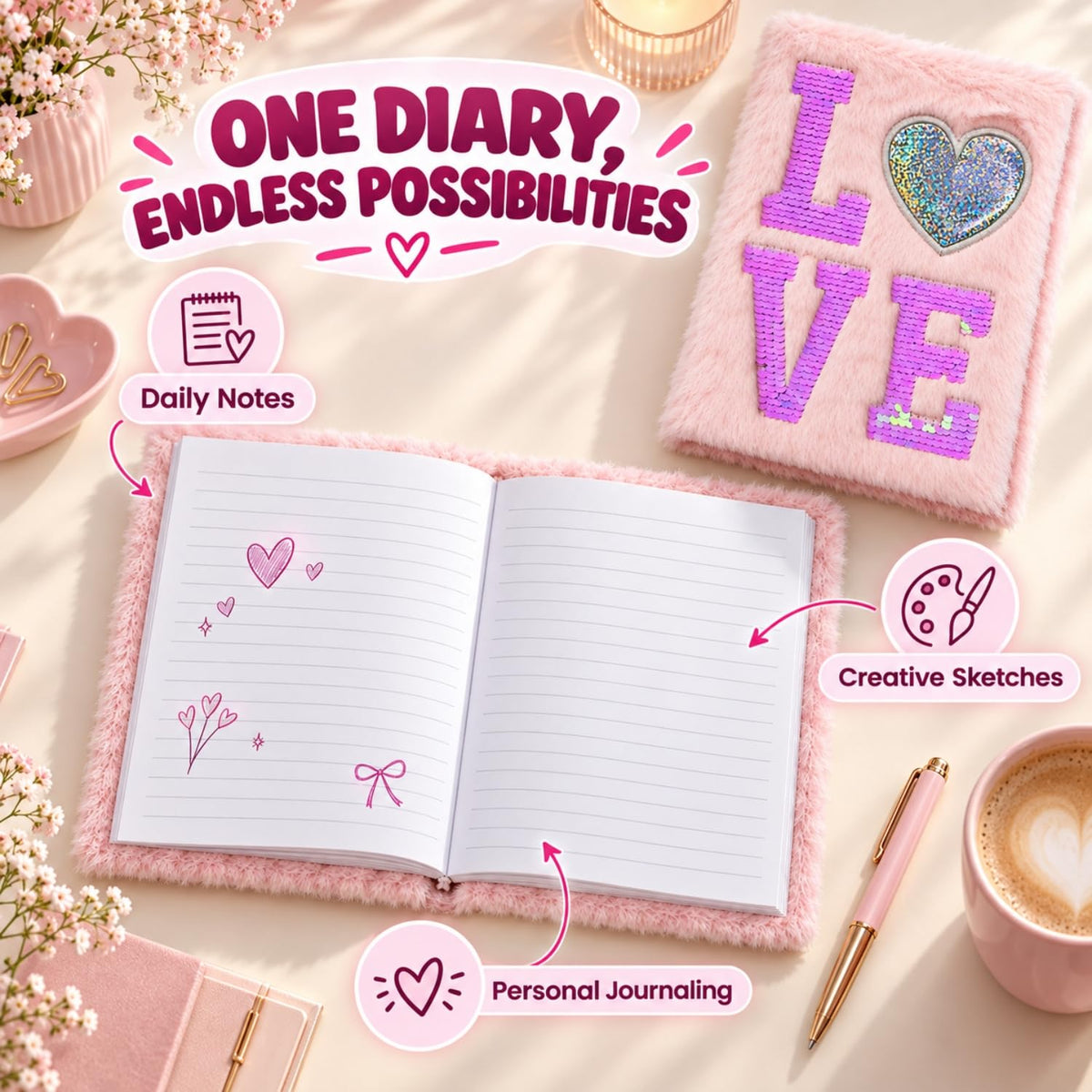 Toy Imagine Plush Notebook Diary Journal for Writing, Drawing & Notes Soft Fur Cover A5 Diary with Sequin Cute Aesthetic Love Design Personal Journal Gift for Girls & Women (Assorted)