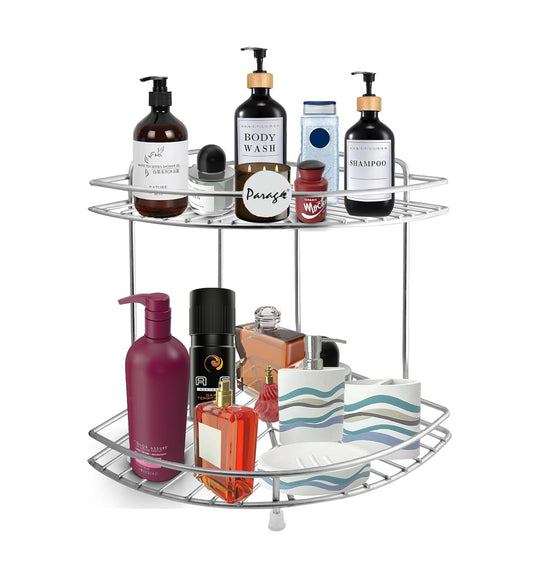 Parage Stainless Steel 2 Tier Multipurpose Storage Organizer, Corner Stand for Kitchen and Bathroom, Shelf Rack, Bathroom Shelf Wall Mounted, Chrome Finish, Size: 23 x 23 x 33 cm