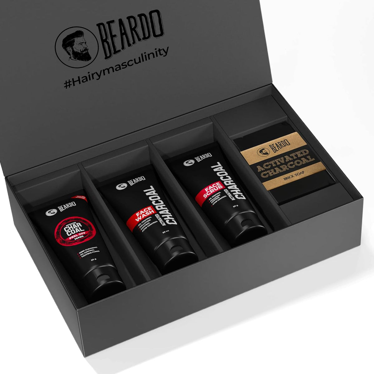 Beardo Charcoal 4-in-1 Giftset for Men | Complete Face & Body kit, pack of 4 (Facewash, Peel-off mask, Scrub, Soap) | Gift For Men | Gift for Husband