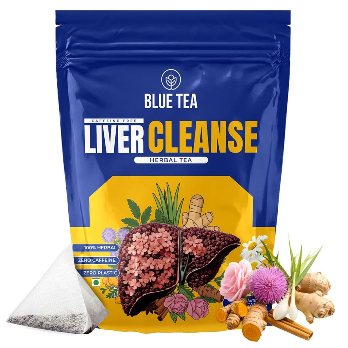 BLUE TEA - Liver Cleanse Tea - 60 Tea Bags - Plant Based | Helps with Fatty Liver Detox | Improves Liver Health | Milk Thistle, Manjistha, Haritaki, Pippali | Caffeine Free - Herbal Tea | Ziplock Pack