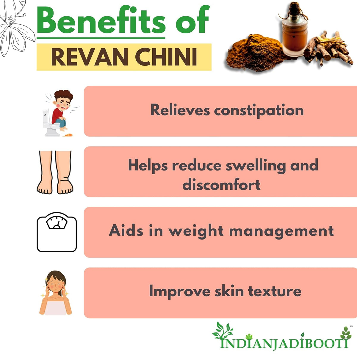 IndianJadiBooti Revand Chini | Indian Rhubarb Root (Rheum Emodi) | Natural Teeth Whitening Powder Ingredient | Supports Gum Health & Digestion | Whole Dried Herb | 100g Pack