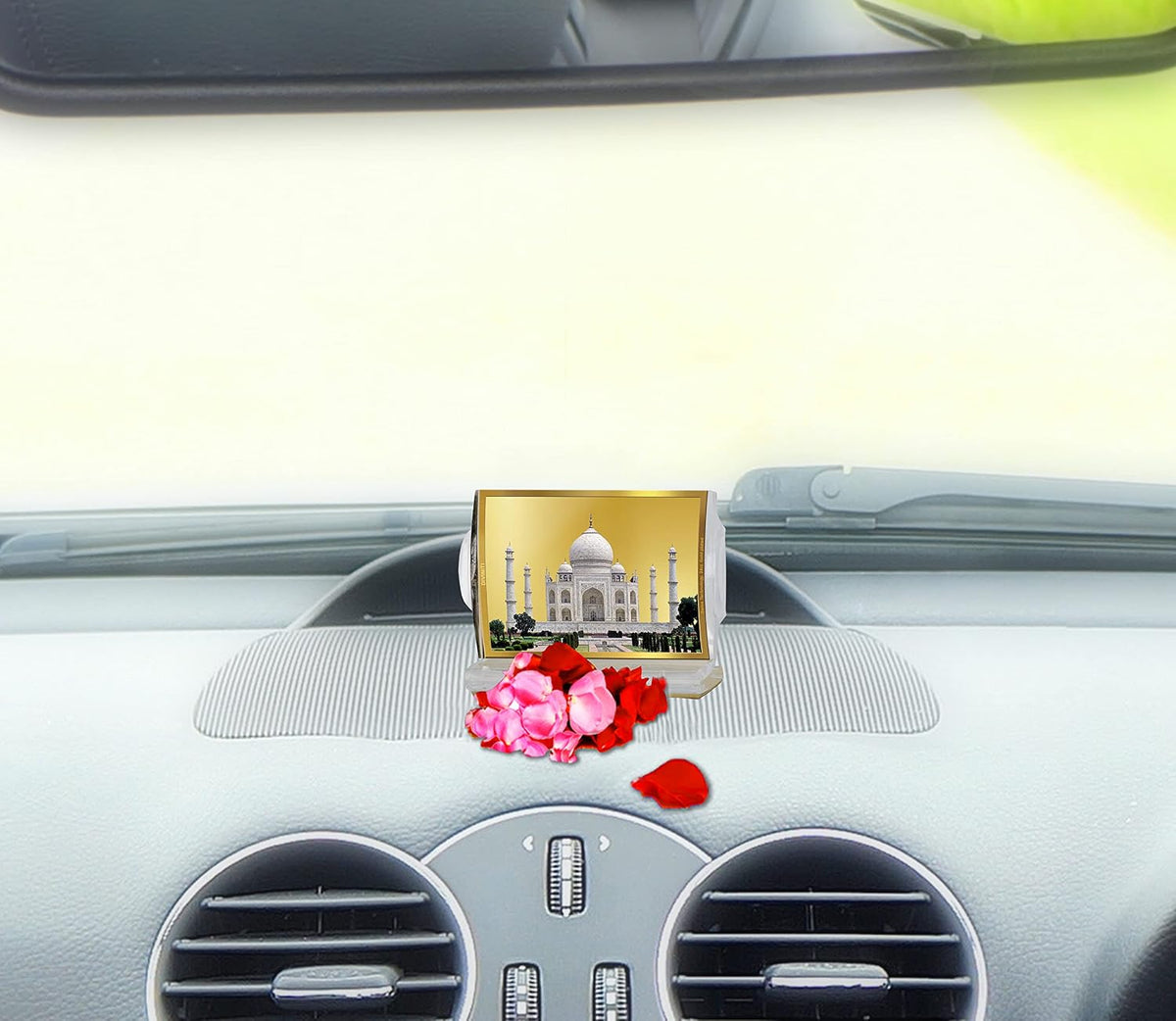 DIVINITI 24K Gold Plated Acrylic Taj Mahal Car Dashboard Idol Frame | Premium Spiritual Gifting Item for Divine Blessings & Positivity | Luxury Religious Decor for Car, Office & Home | 11 X 7 CM