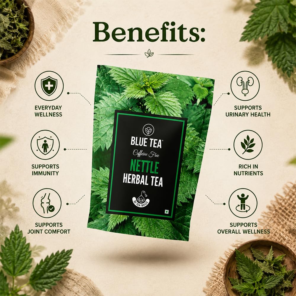 BLUE TEA - Nettle Tea - 30 Tea Bags - Plant Based | Helps With Body Detox and Digestion | UTI Support | Caffeine Free - Herbal Tea | Ziplock Pack