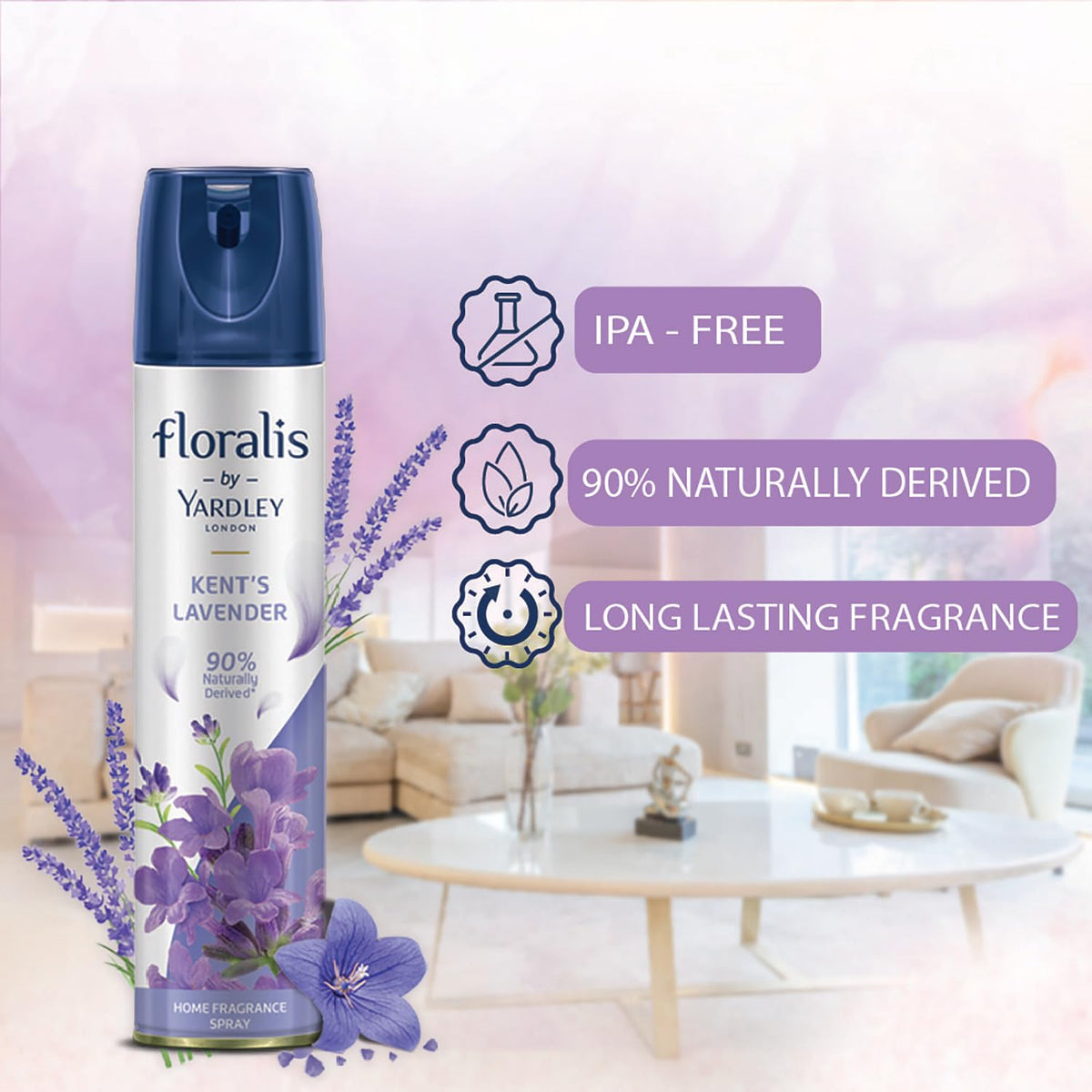 Yardley London Floralis Air Freshener Spray | Kent's Lavender| Long Lasting Floral Fragrance For Home & Office| Home Fragrance Spray| 90% Naturally Derived| 210Ml (Pack Of 2)