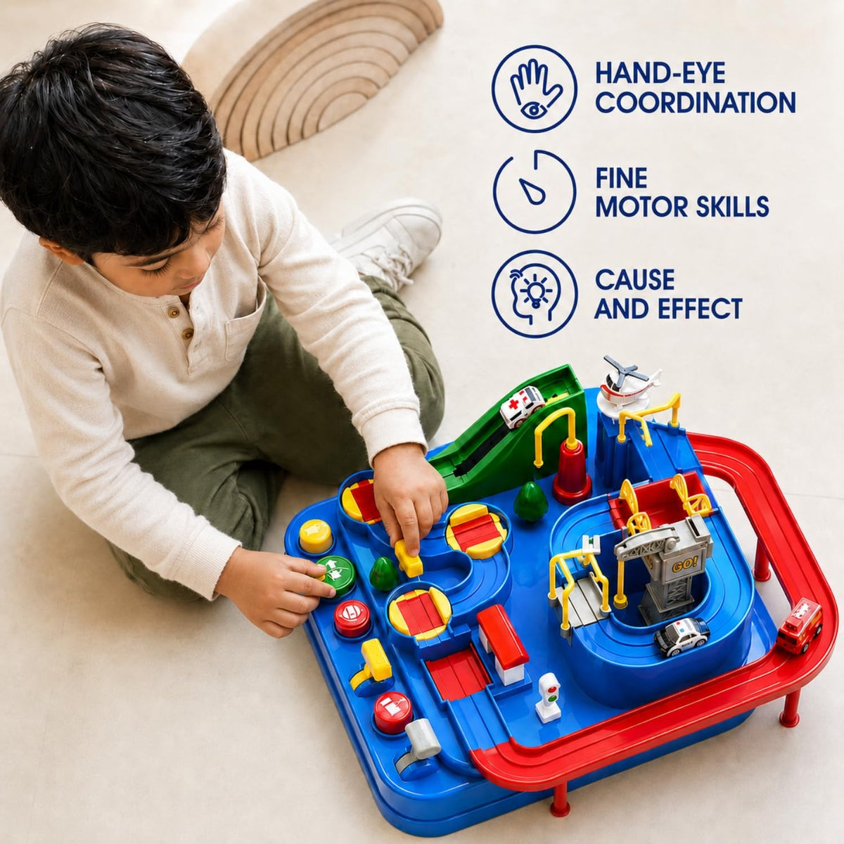 Toy Imagine Car Race Track Toy for Kids 3+ Years City Rescue Vehicle Playset with 4 Mini Cars & 6 Control Buttons, Helicopter, Adventure Ramps Educational Puzzle & Motor Skill Toy for Boys & Girls