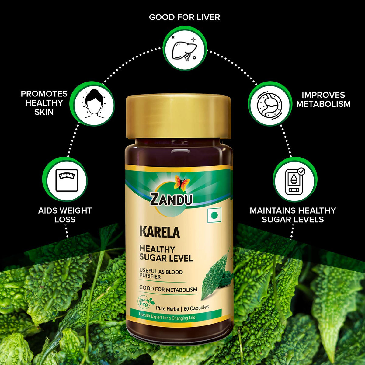Zandu Karela Pure Herbs (Bitter Melon) for Healthy Sugar Levels and Improved Metabolism | 100% Natural & Authentic | Powerful Blood Purifier for Glowing Skin - 60 Veg capsules (Pack of 2)