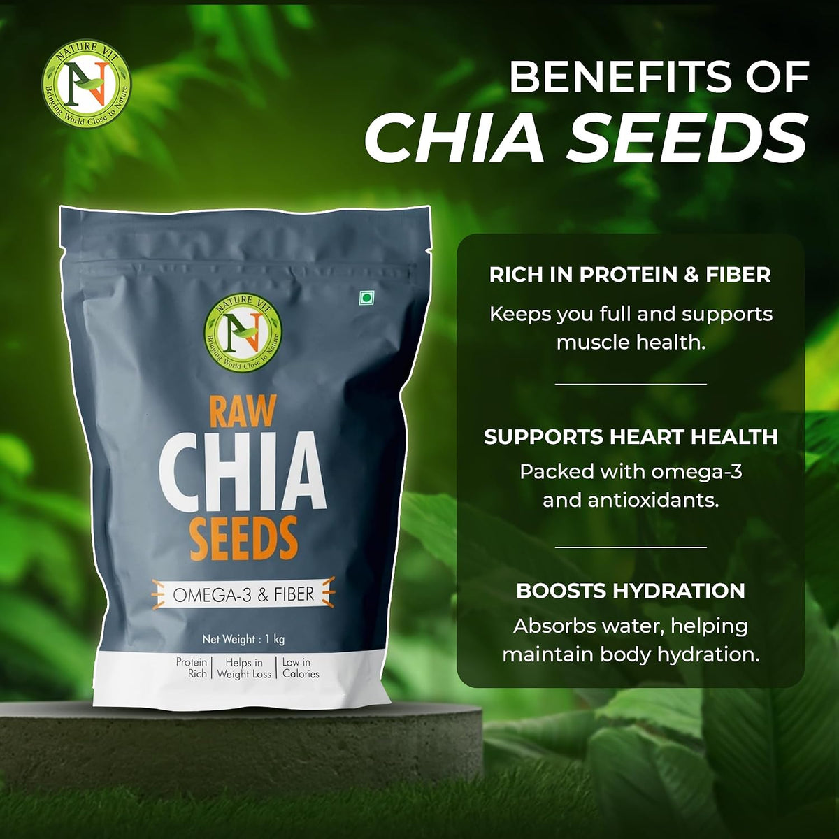 NatureVit Raw Chia Seeds 1 Kg | Superfood for Eating | Rich in Omega-3, Fiber & Protein | Ideal for Weight Loss, Digestion & Energy | Gluten-Free & Vegan