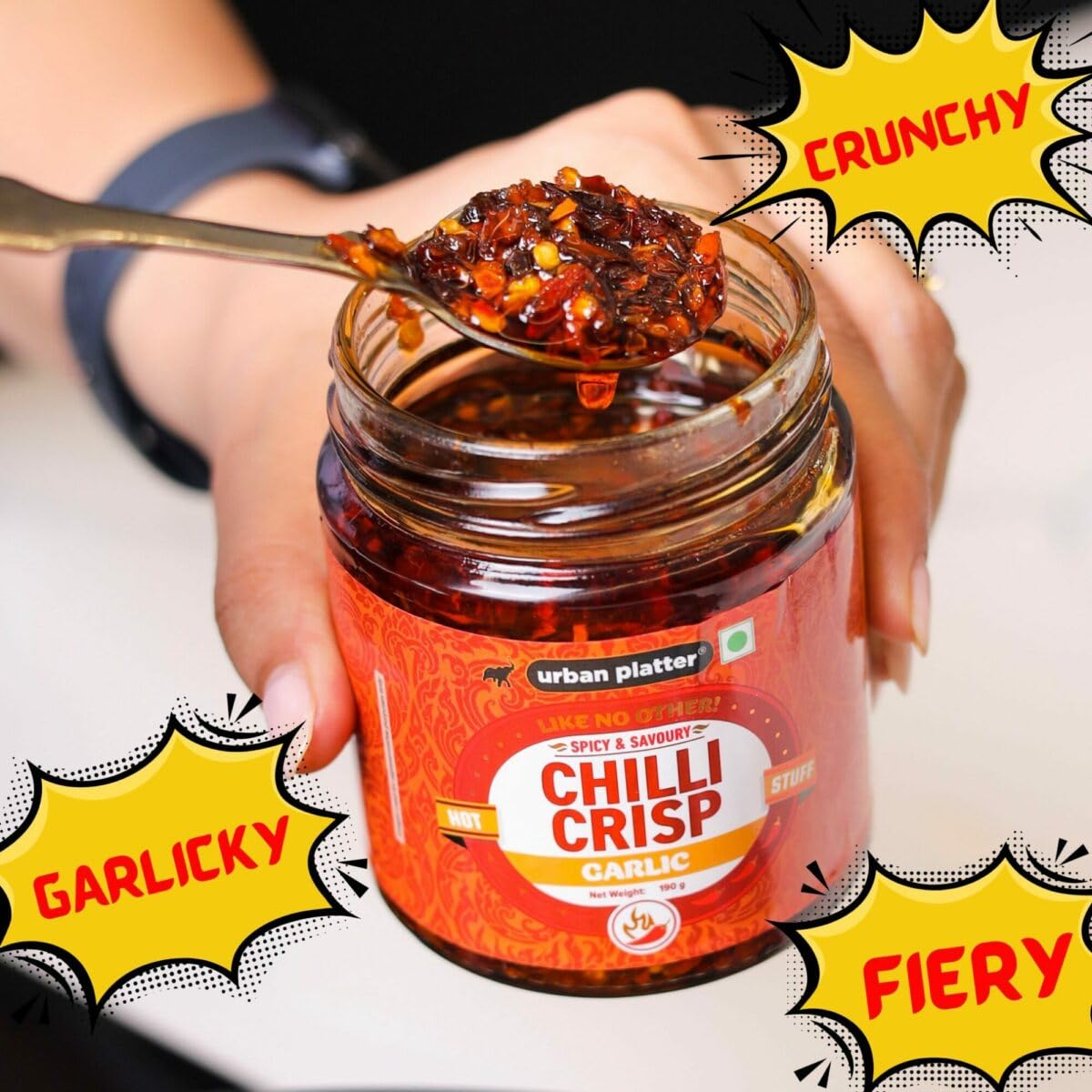 Urban Platter Chilli Garlic Crisp, 190g (Crunchy Chilli and Garlic in Sunflower Oil | Versatile Condiment | Spicy | Savoury)