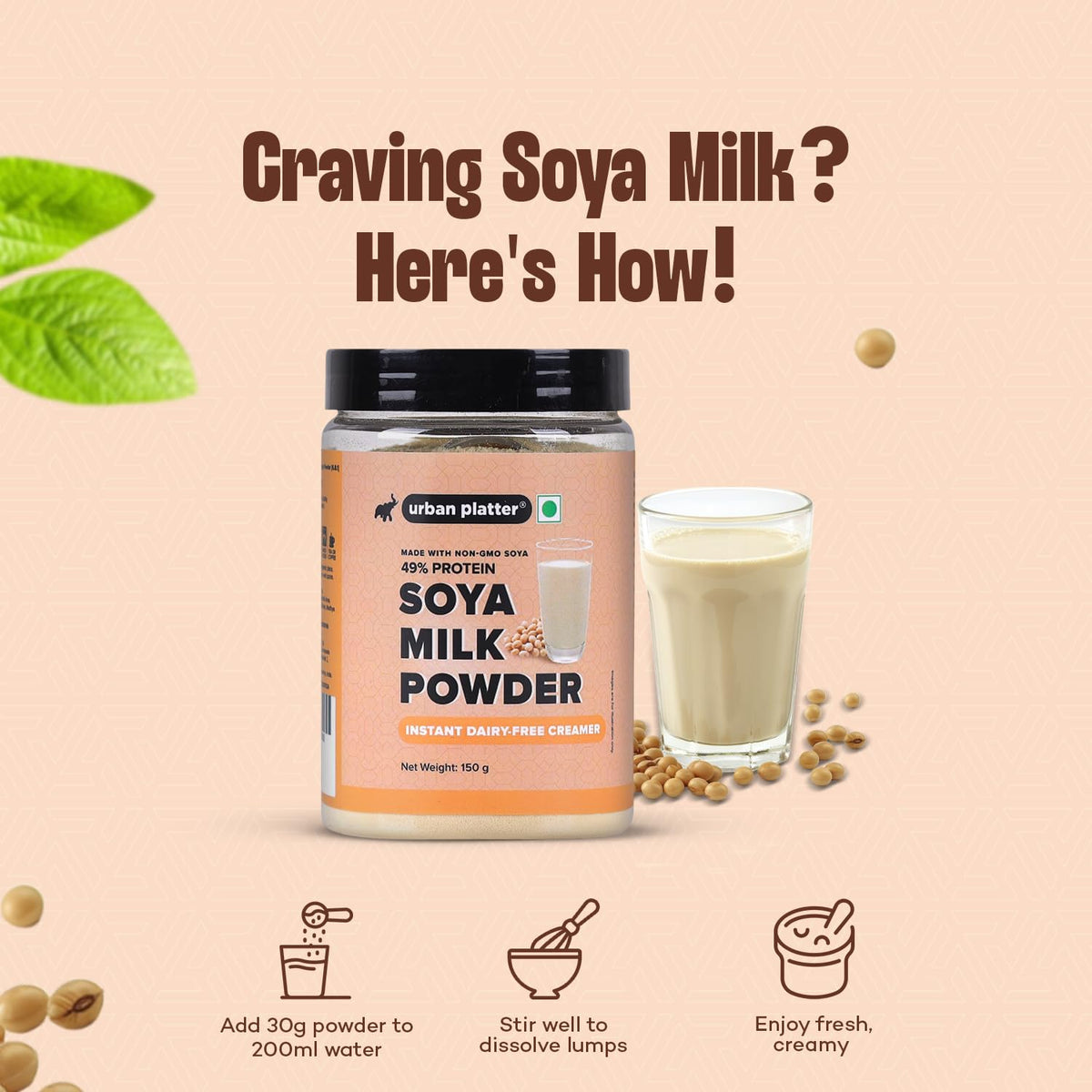 Urban Platter Soya Milk Powder, 150g (Soy-Based Dairy Alternative | Unsweetened | 49% Protein | Plant-Based | Non GMO)