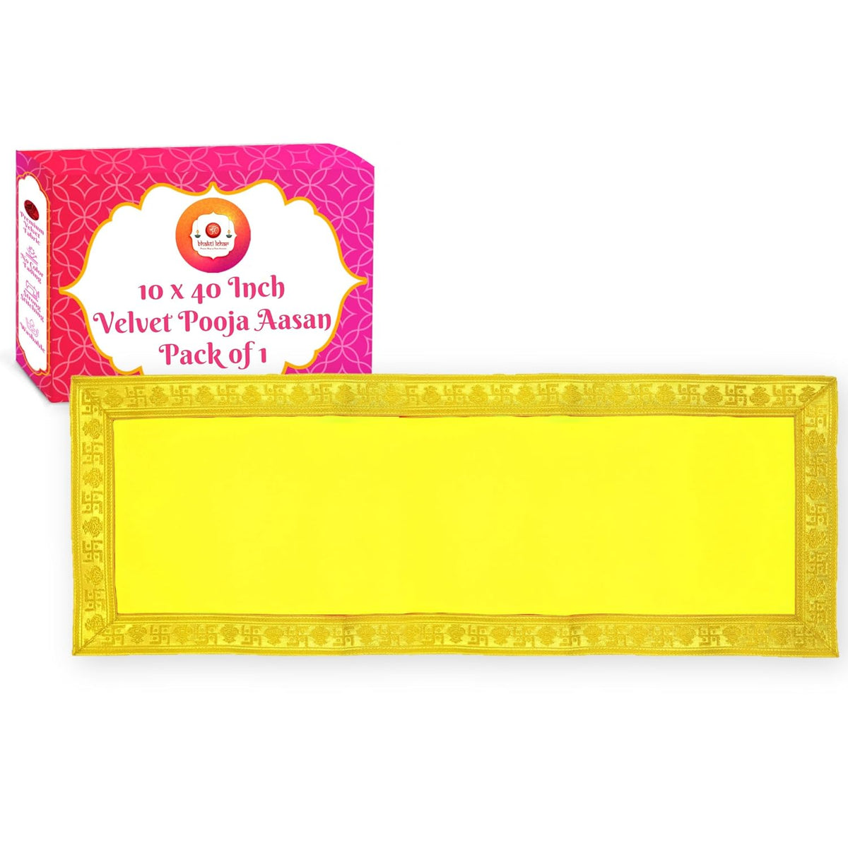 Bhakti Lehar Yellow Velvet Pooja Cloth | Long Length Aasan for God Idol Sitting, Mandir Shelf, Puja Chowki Table and Home Temple Decoration - Pack of 1 (10 x 40 Inch)