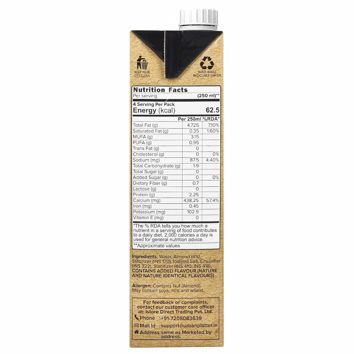 Urban Platter Almond Milk, 1 Litre (Unsweetened | Lactose-Free | Plant-Based Milk Alternative | Works Beautifully in Tea and Coffee) (Pack of 3)