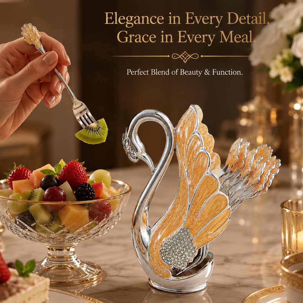 Diviniti Decorative Swan Fork Holder with Fork Set | Elegant Silver & Gold Finish | Tabletop Dining Organizer | Home Décor & Dining Table Accessory