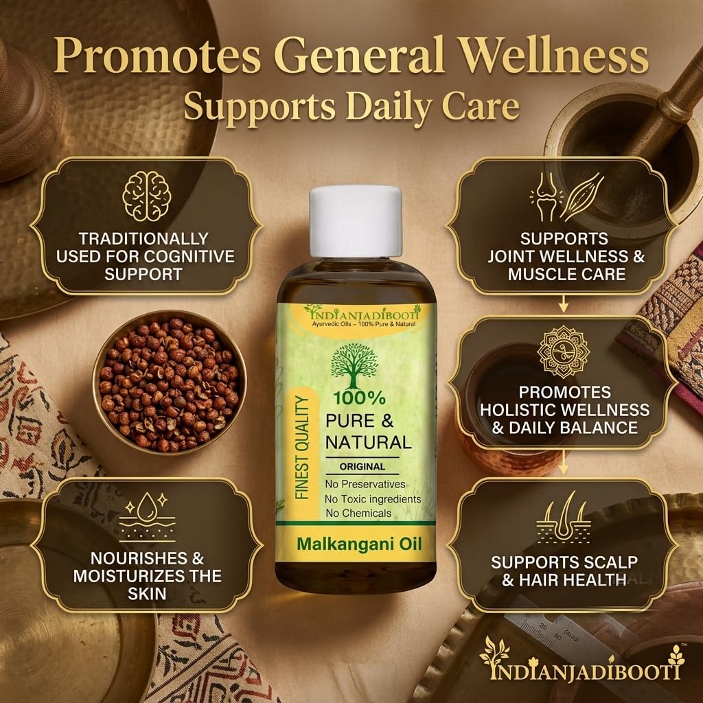 IndianJadiBooti Malkangani Oil - Cold Pressed Jyotishmati Tel (Celastrus Paniculatus) - Pure Oil for Scalp Massage, Focus & Hair Wellness - 50ml