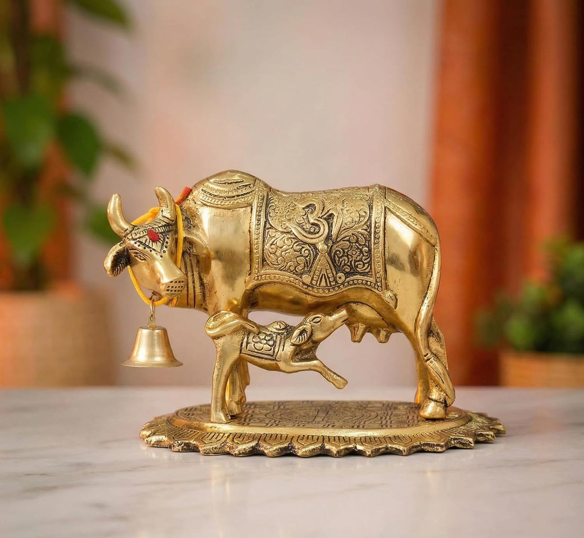 KridayKraft Metal Om Kamdhenu Cow and Calf Metal Statue for Good Luck,Feng Shui As Table Top Figurine,Vastu,Religious Gau MATA Idol Home,Office&Table Decorative,Animal