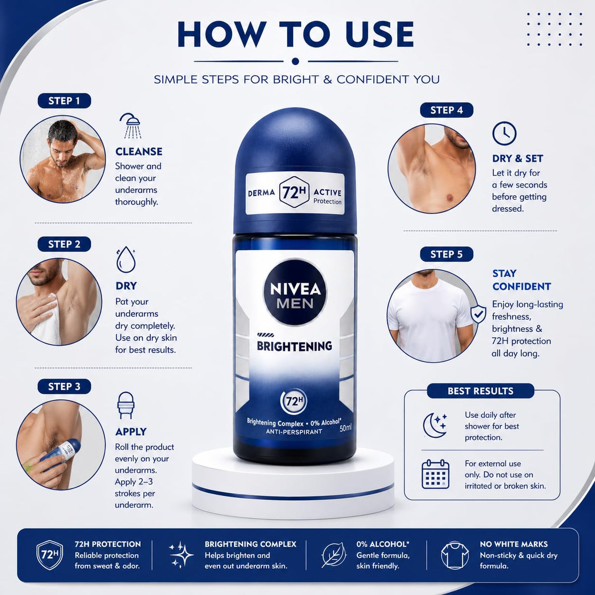 Nivea Men Brightening Complex Anti-Perspirant Roll On 50ml | 0% Alcohol Formula with 72H Sweat & Odor Protection | Brightening Underarm Care Deodorant for Men