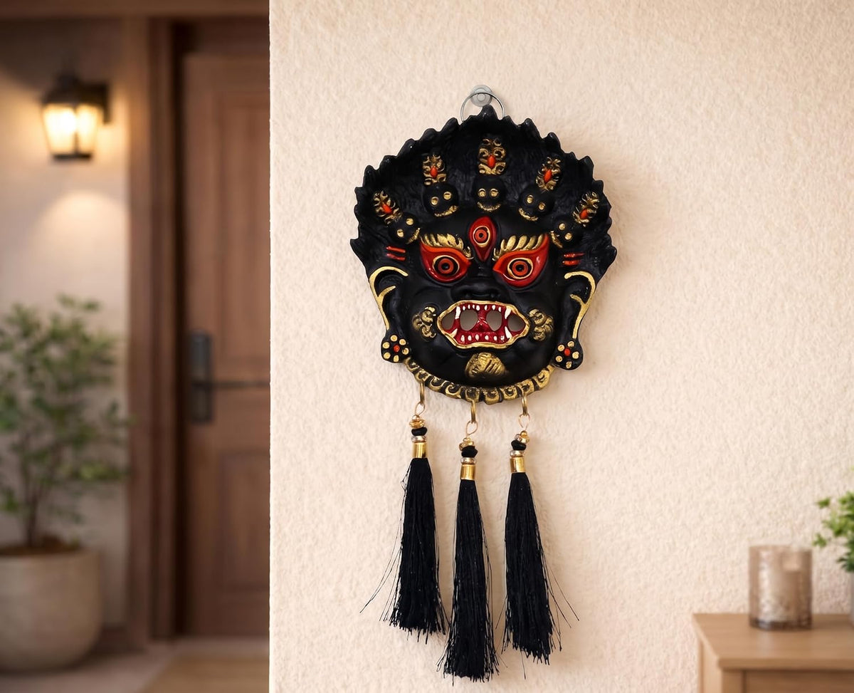 KridayKraft Kirtimukha Nazar Battu Wall Hanging with Tassels, Black Face Mask for Home Entrance, Main Door and Office Décor, Housewarming Gift.