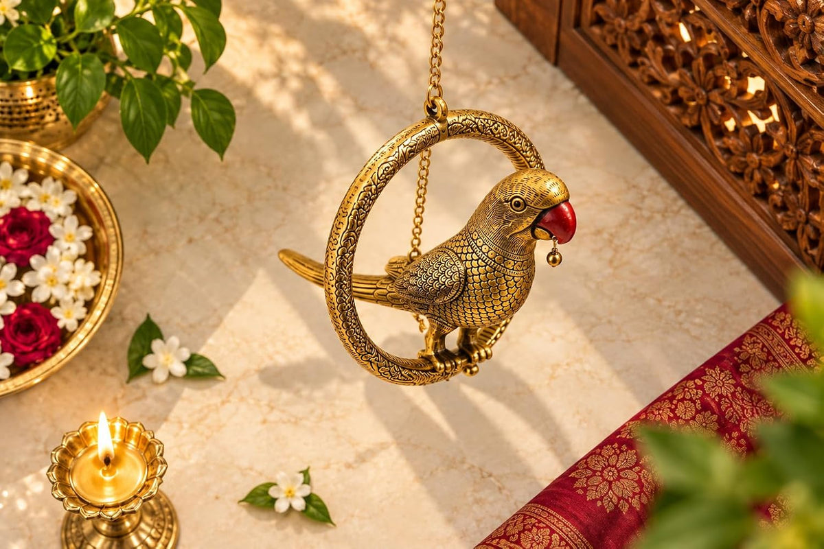 KRIDAY Kraft Gold Parrot Door Hanging, 30 cm Decorative Bird Wall Hanging with Chain for Main Door, Living Room, Office, Covered Balcony, Wedding and Housewarming Gift