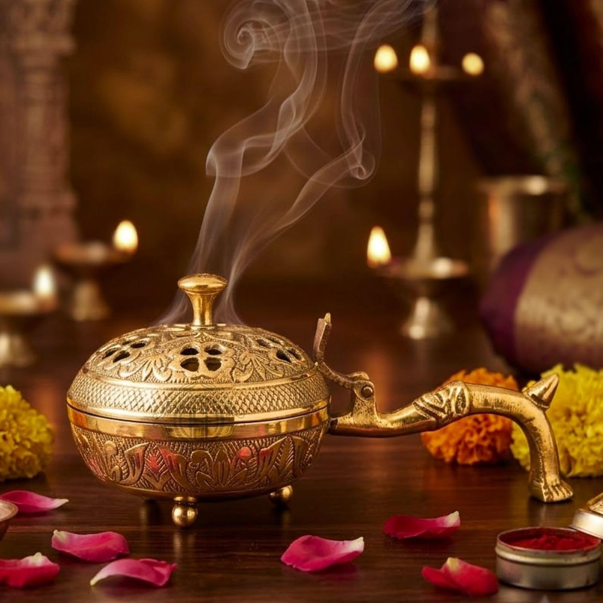 DSH Brass Incense Burner with Handle & Ventilated Lid Dhoop Dani for Pooja, Havan, Meditation & Home Fragrance Traditional Brass Loban Burner with Ash Collector