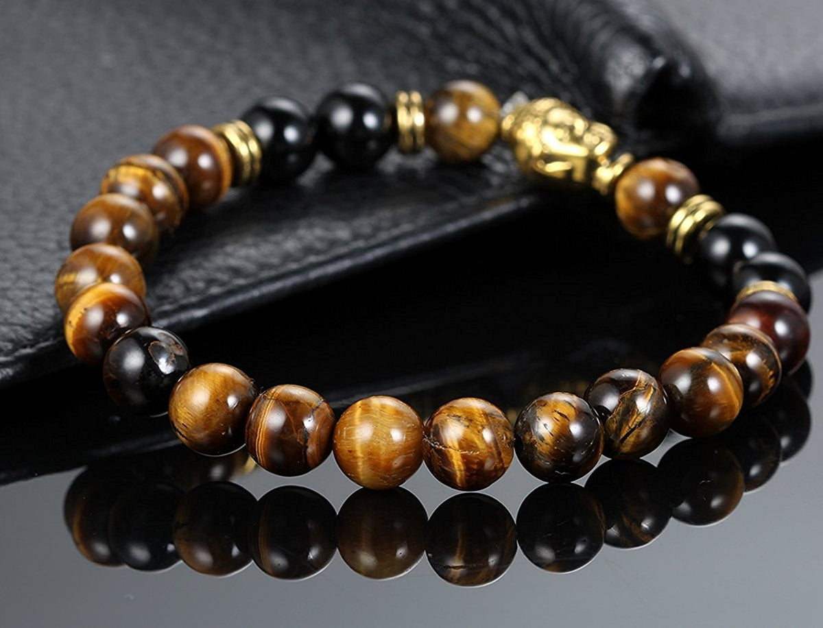 Shining Diva Fashion D'Vine Black Onyx Tiger's Eye Semi Precious Stone Yoga and Meditation Buddha Reiki Healing Beads Unisex Stylish Bracelet for Men, Women(9389b)