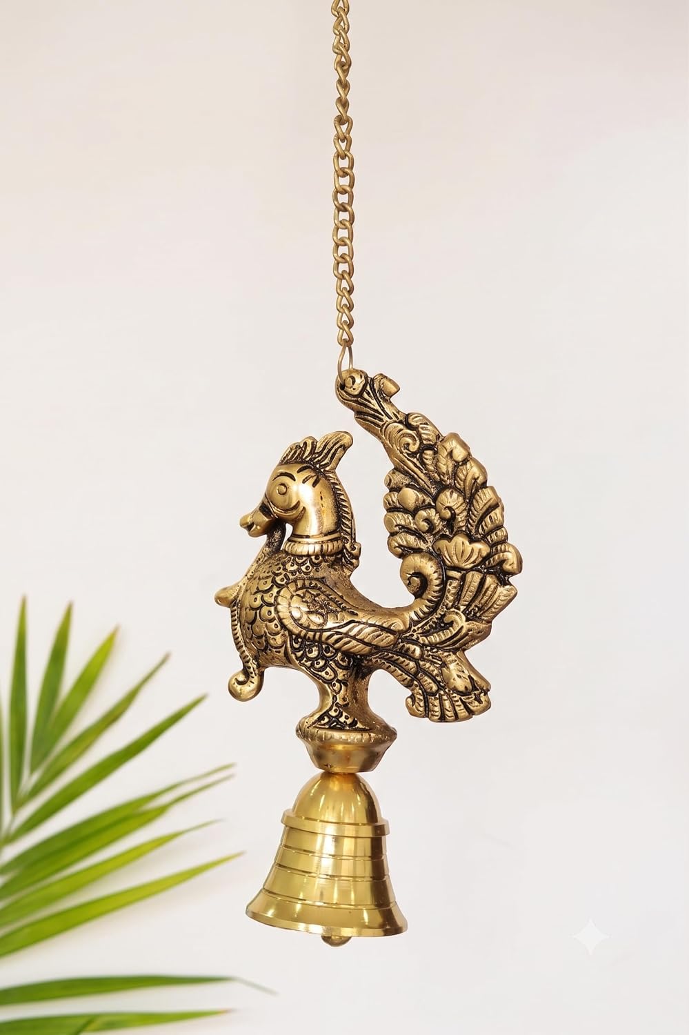 KridayKraft Decorative Peacock Design Hanging Bell for Home Decor, Antique Gold Finish Metal Door Hanging, Spiritual Wall Hanging for Living Room, Entrance & Temple - 35 cm Length