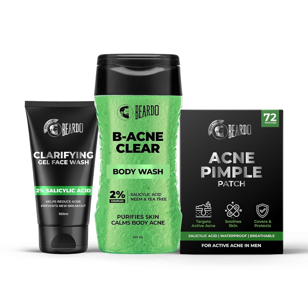 Beardo Acne Ka The End Kit for Men | 2% Salicylic Acid Face Wash, Body Wash & Pimple Patch | Helps Fight Face & Body Acne, Controls Excess Oil | Complete Acne Care Kit
