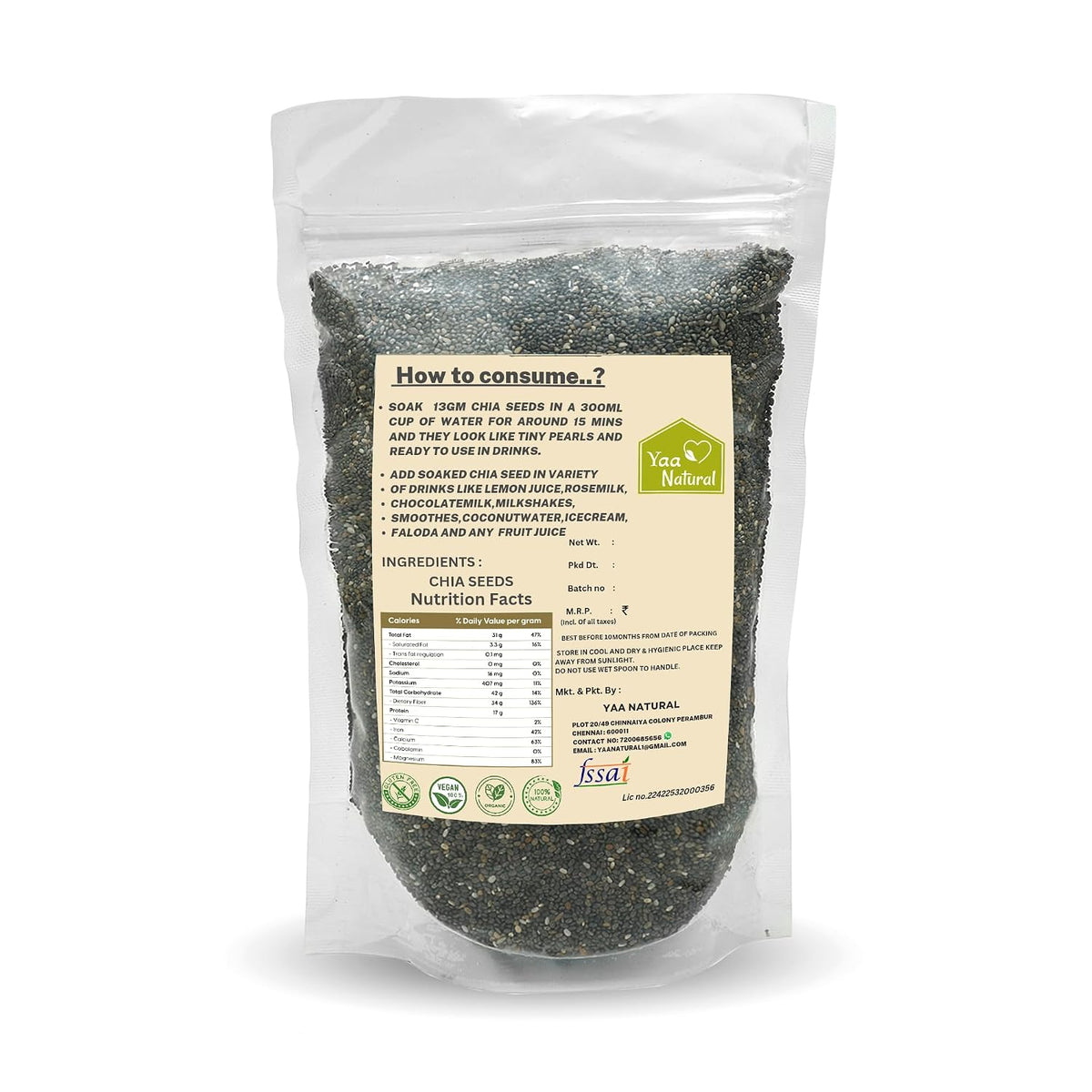 Yaa Natural Raw Chai seed Rich Omega-3, Protein in Calcium & Fiber,and Antioxidant & Weight Management 100% Natural Quality (