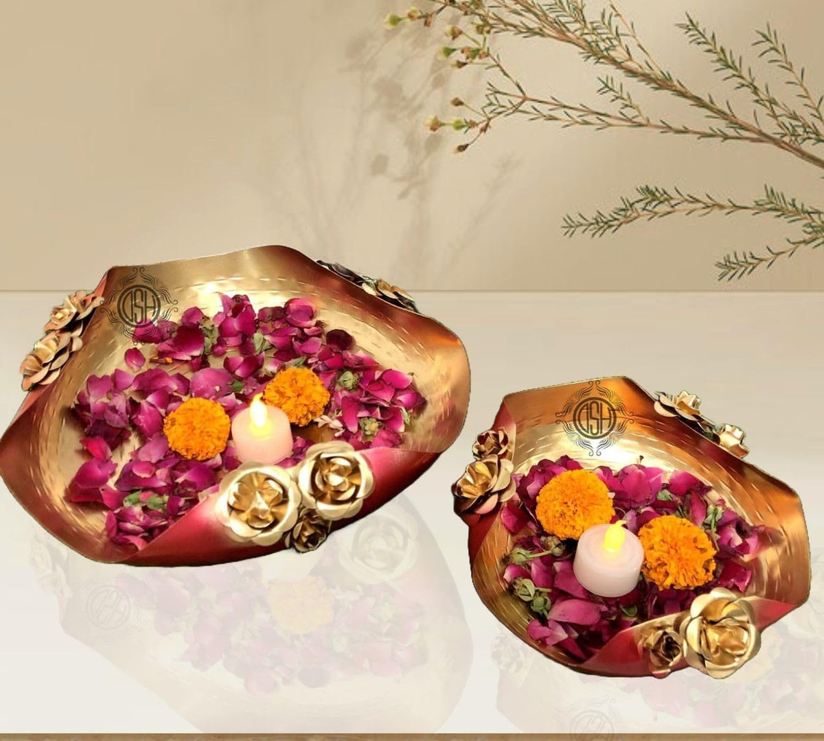 DSH Urli Bowl for Floating Flowers and Candles (Red and Gold) - Set of 2